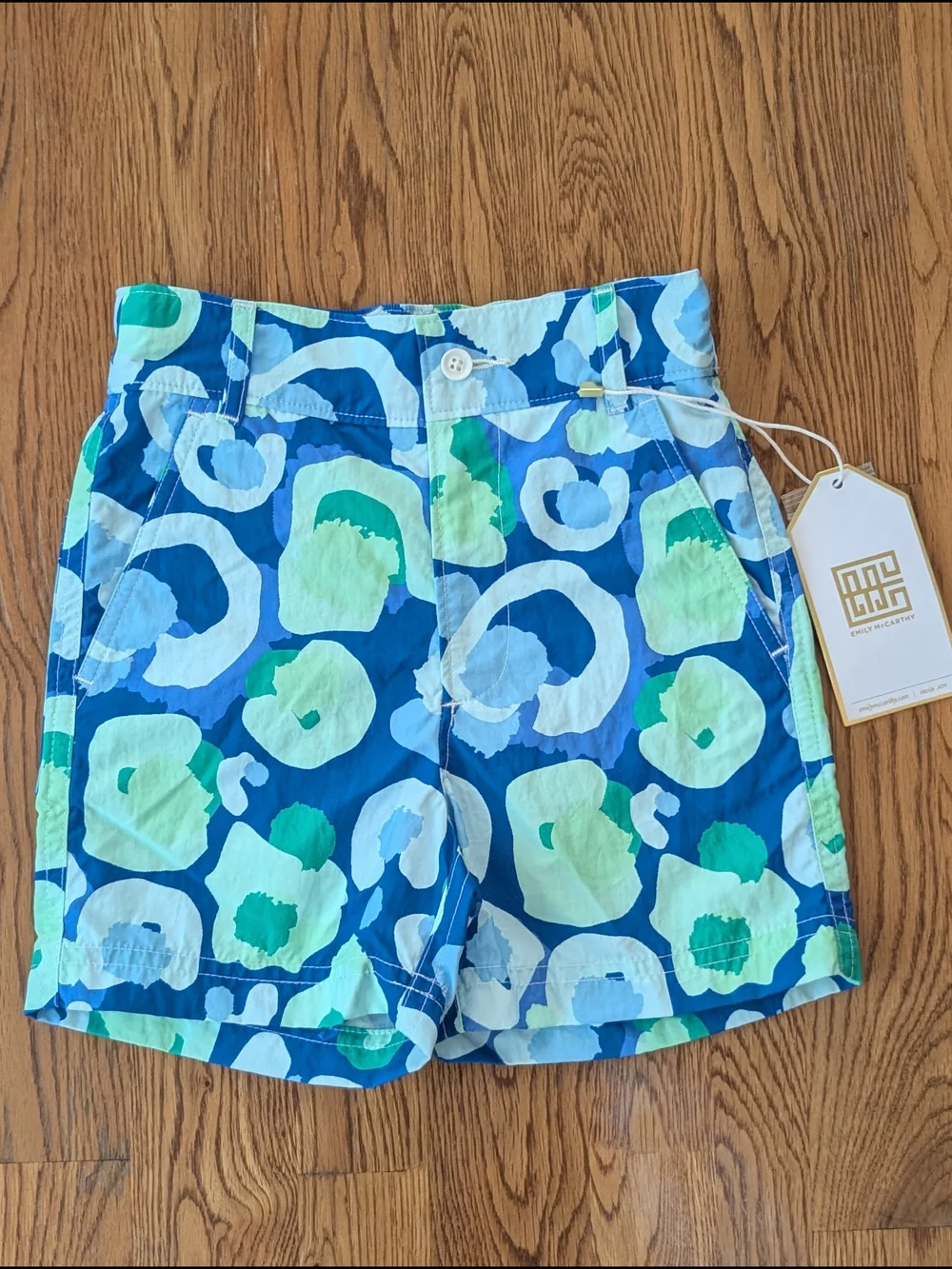 Emily McCarthy Blue Green Sea Glass Cheetah Print Boys Swim Trunks Shorts